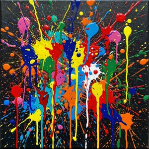 Droppande färgprickar med stänkeffekt, flerfärgad abstrakt expressionism.