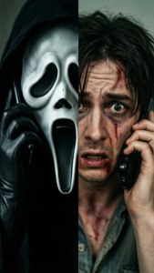 Delt komposition af Ghostface og offer på telefonen, horror