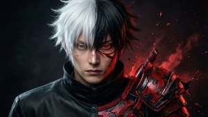 Kaneki's transformatie afgebeeld met gespleten haarkleur en dramatische verlichting.