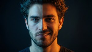 Ein dramatisches geteiltes Porträt, das zwei Seiten einer Persönlichkeit zeigt.