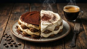 En kunstnerisk delt visning af tiramisu-ingredienser med espresso og kaffebønner