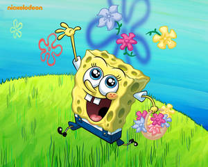 SpongeBob runs with a basket of flowers on a grassy hill.