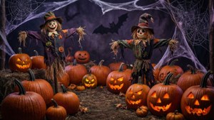 Sebidang kebun labu yang dihias untuk Halloween dengan sentuhan menyeramkan