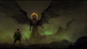 A warrior confronts a dark angel with glowing halo wings in a misty green hell.