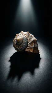 A seashell under a spotlight on a dark surface with a strong shadow. — Whelk Picture