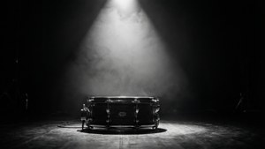 Et dramatisk sort-hvidt billede af en lilletromme under en spotlight på en mørk scene.