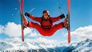 Skiløper som gjør en spread eagle-grep mot blå himmel og snødekte topper