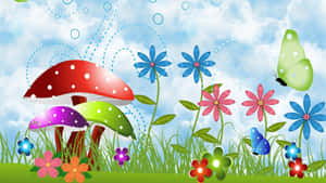 Colorful cartoon mushrooms and flowers with butterflies in a grassy field under a blue sky. — Flowers And Butterflies Background