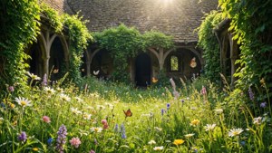 Cortile di Kaer Morhen vivo con fiori primaverili.