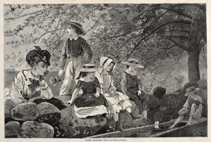 Spring Blossoms by Winslow Homer, created 1870, in wood engraving. Download this artwork as a high-resolution wallpaper for desktop, tablet, or mobile. — Winslow Homer Wallpaper