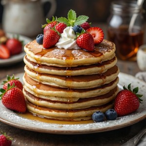Una deliziosa pila di pancake con fragole e panna montata.
