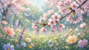 Supporto morbido e bagnato circondato da fiori e fiori di ciliegio