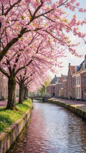 Körsbärsblommor längs en kanal i Terneuzen med traditionella hus