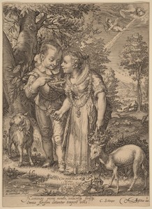 Spring by Jan Saenredam, created 1601, in engraving. Download this artwork as a high-resolution wallpaper for desktop, tablet, or mobile.