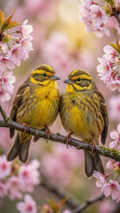 To gulspurver som deler en kvist blant kirsebærblomster om våren.