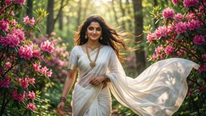Parvati i en vårskog med blomstrende blomster, sollys, fantasy-kunst.