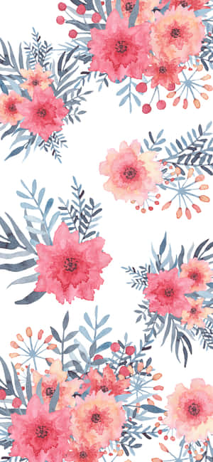 Motivo floreale ad acquerello con fiori di pesco rosa e fogliame verde-blu su sfondo bianco — iPhone X Sfondo estivo Sfondi