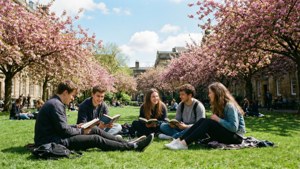 Studerende nyder solrigt forårsvejr på UCL's quad-plæne med kirsebærblomster