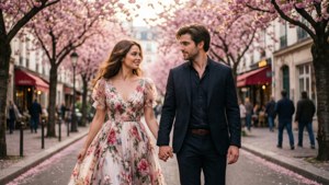 Emily ja Gabriel nauttivat romanttisesta kävelystä kirsikankukkien alla.