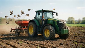 Een lentemorgen scene van een tractor die een zaaimachine trekt met vogels die volgen op het veld.