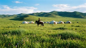 Fredeligt mongolsk steppelandskab med jurter og en hyrde til hest om foråret