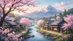 Desa ukiyo-e yang tenang dengan bunga sakura dan Mt. Fuji