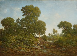 Springtime by Théodore Rousseau, created c. 1860, in Oil on panel. Download this artwork as a high-resolution wallpaper for desktop, tablet, or mobile. — Travel Background