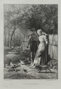 Springtime by Charles Emile Jacque, created 1864, in etching. Download this artwork as a high-resolution wallpaper for desktop, tablet, or mobile. — Charles Emile Jacque Wallpaper