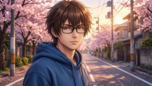 Protagonis ReLIFE Arata Kaizaki dalam pemandangan jalanan bunga sakura