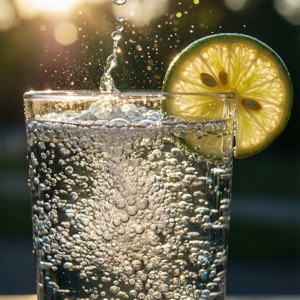 Nærbilde av Sprite-bobler med lime i gyllent lys
