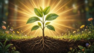 Un germoglio che spunta dal terreno con un sole dorato, che rappresenta crescita e rinnovamento per la Giornata Mondiale dell'Ambiente.