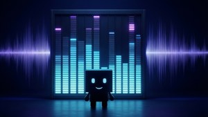 Sprunki-Silhouette vor einem leuchtenden Sound-Equalizer in tiefem Blau