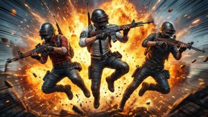 Escuadrón Free Fire dinámico saltando de una explosión