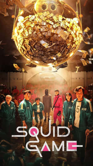 Squid Game contestants in green jumpsuits stand under a giant money-filled ball.