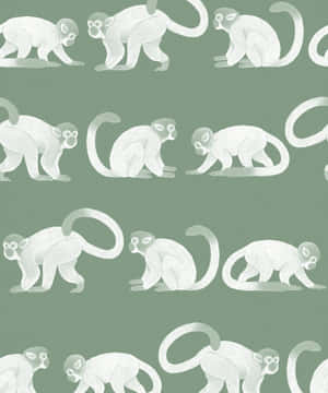 Wallpaper with repeating white monkey illustrations on sage green background. — Red Squirrel Picture