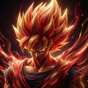 Représentation abstraite des cheveux et de l'aura de SS4 Goku en rouge et or.