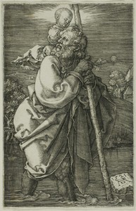 St. Christopher Facing to the Left by Albrecht Dürer, created 1521, in Engraving in black on ivory laid paper. Download this artwork as a high-resolution wallpa — Illustration Background