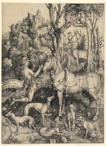 St. Eustace by Albrecht Dürer, created ca. 1501, in Engraving on off-white laid paper. Download this artwork as a high-resolution wallpaper for desktop, tablet, — Albrecht Dürer Wallpaper