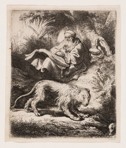 St. Jerome Reading by Rembrandt van Rijn, created 1634, in Etching on ivory laid paper. Download this artwork as a high-resolution wallpaper for desktop, tablet — Illustration Background
