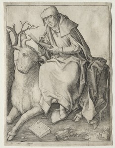 St. Luke by Lucas van Leyden, created c. 1508, in engraving. Download this artwork as a high-resolution wallpaper for desktop, tablet, or mobile.