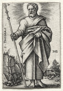 St. Thomas by Hans Sebald Beham, created 1545–1546, in engraving. Download this artwork as a high-resolution wallpaper for desktop, tablet, or mobile. — Hans Sebald Beham Wallpaper