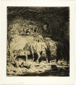 Stable by Charles Emile Jacque, created 1848, in Drypoint and roulette on ivory wove paper. Download this artwork as a high-resolution wallpaper for desktop, ta — Illustration Wallpaper