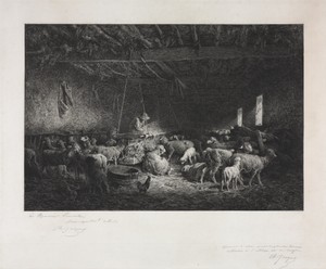Stable by Charles Emile Jacque, created 1859, in etching. Download this artwork as a high-resolution wallpaper for desktop, tablet, or mobile. — Charles Emile Jacque Wallpaper