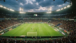 Soccer match in a large stadium filled with spectators under evening lights. — Konya Background