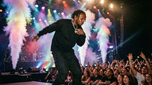 Live concertfoto van Kendrick Lamar, dynamische pose met rook en licht