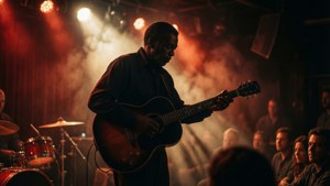 Moody silhuett av Blind Lemon Jefferson på scenen i en bluesklubb