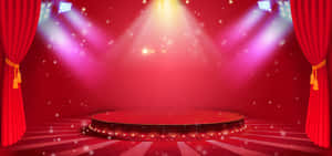 Red stage with spotlights and curtains for a performance.