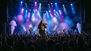 Shoreline Mafia optræder live på scenen med blåt og lilla lys og en publikumssilhuet