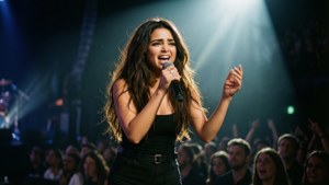 Selena Gomez esiintyy lavalla dramaattisen valaistuksen ja yleisön edessä