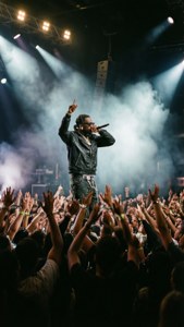 Rapper opptrer på scenen med publikum som løfter hendene